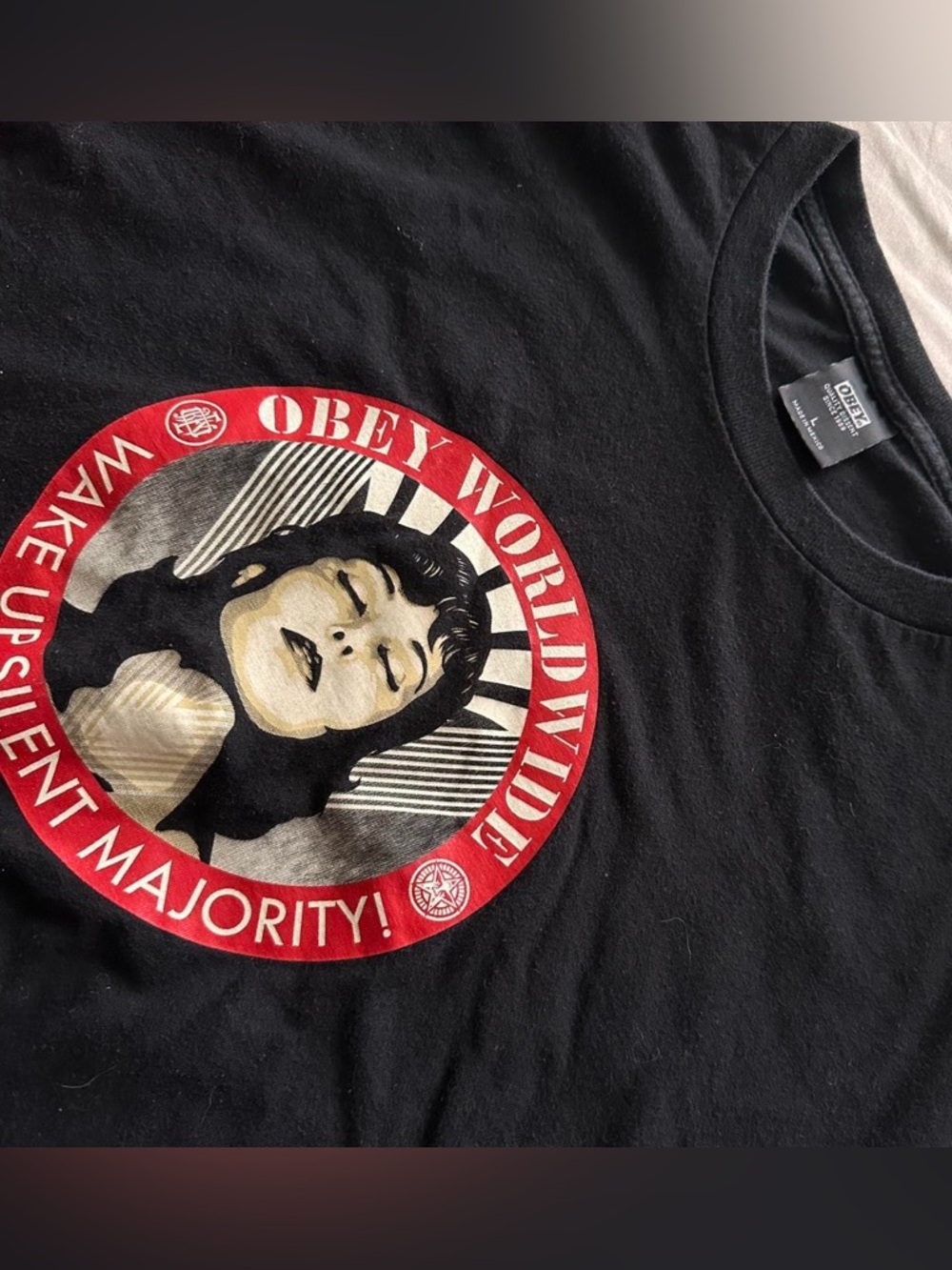 OBEY Men's Graphic silent majority Short Sleeve Cotton T-Shirt Black Size L